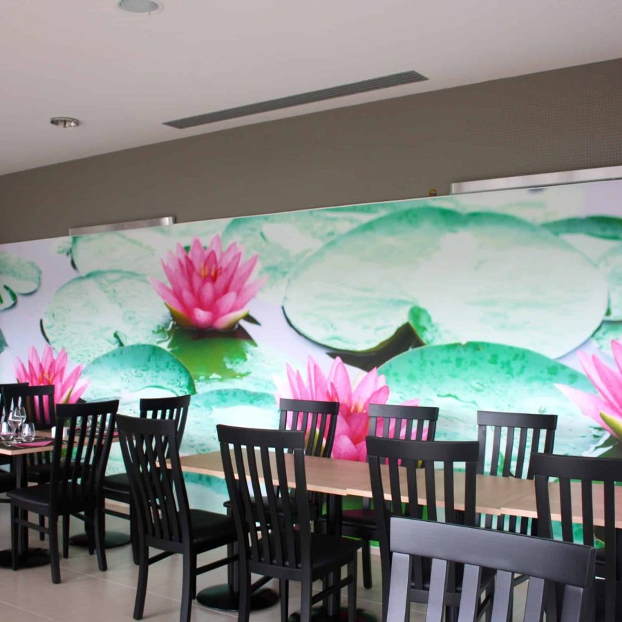 Photo d'un mur avec une toile imprimée rétroéclairée visuel de nénuphar rose
